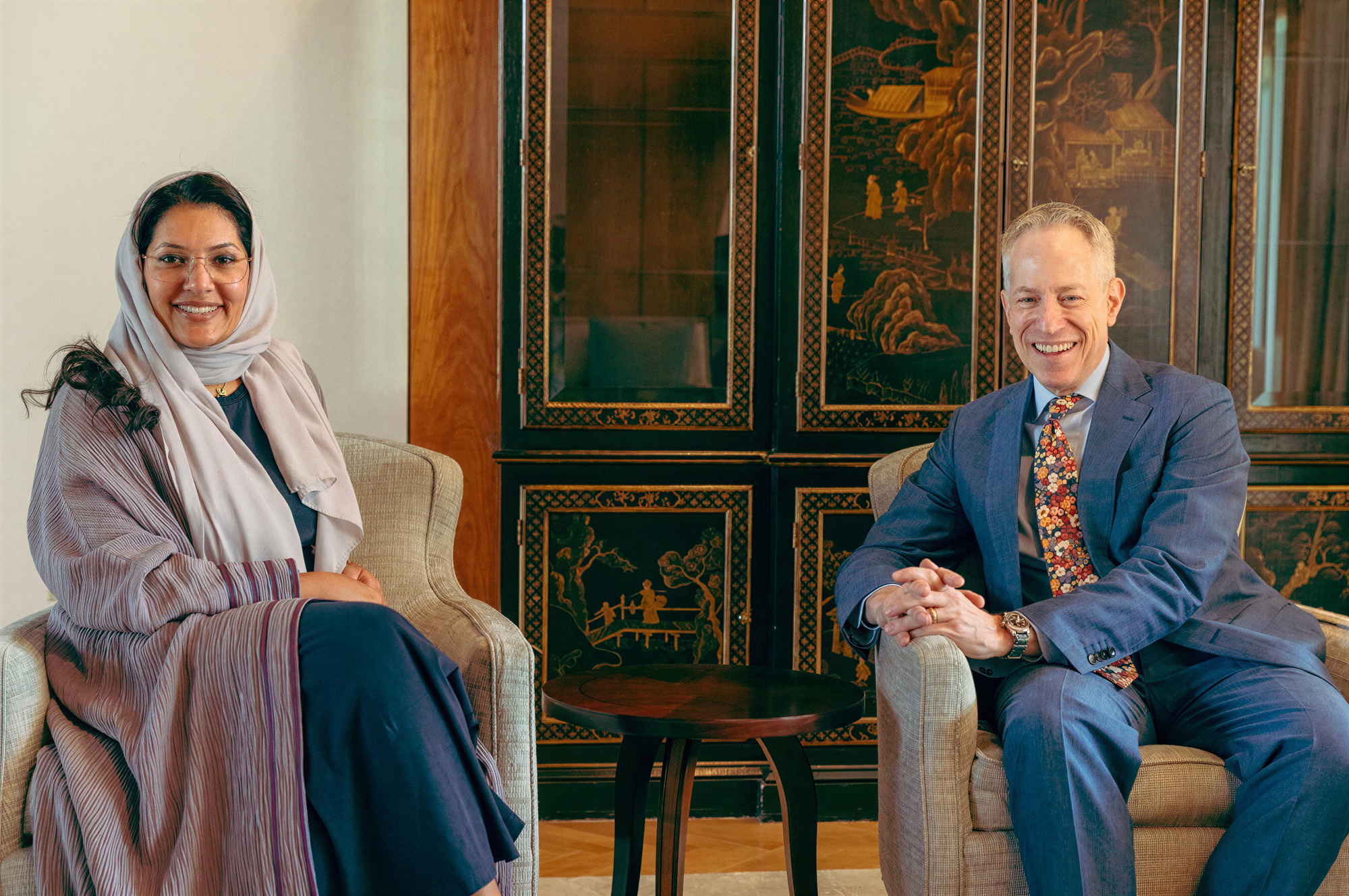 Saudi Ambassador to the US Princess Reema bint Bandar and US Ambassador to the Kingdom Michael Ratney in Riyadh.